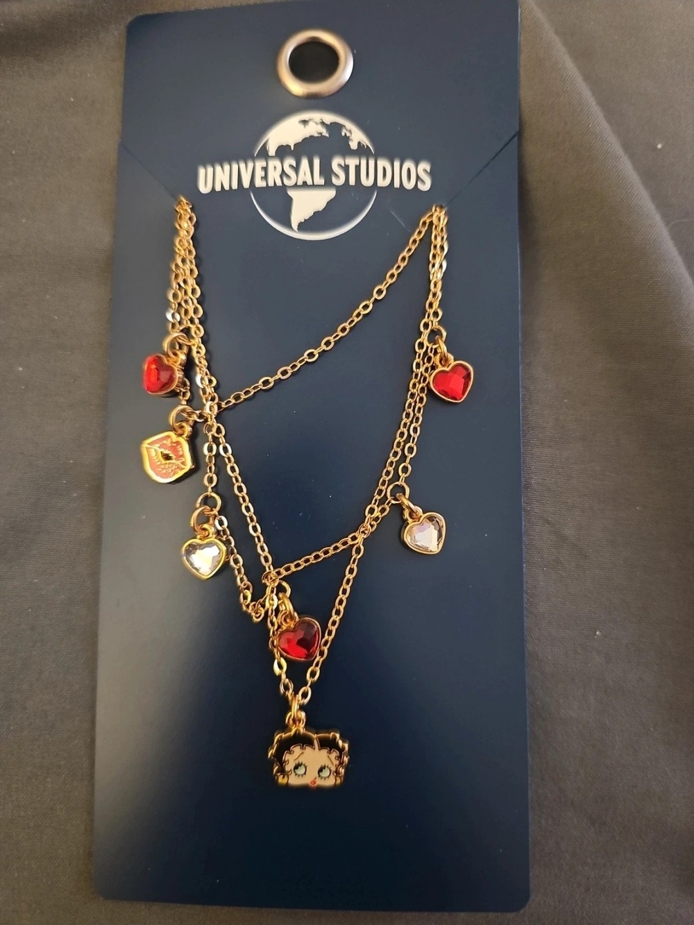 Universal Gold-Tone Layered Necklace with Red & Clear Heart Charms